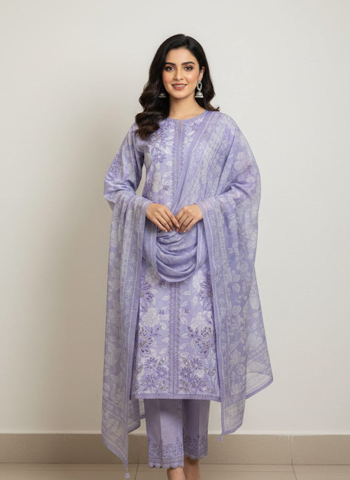 Lilac Bloom – Premium Floral Embroidered Lawn 3-Piece Suite