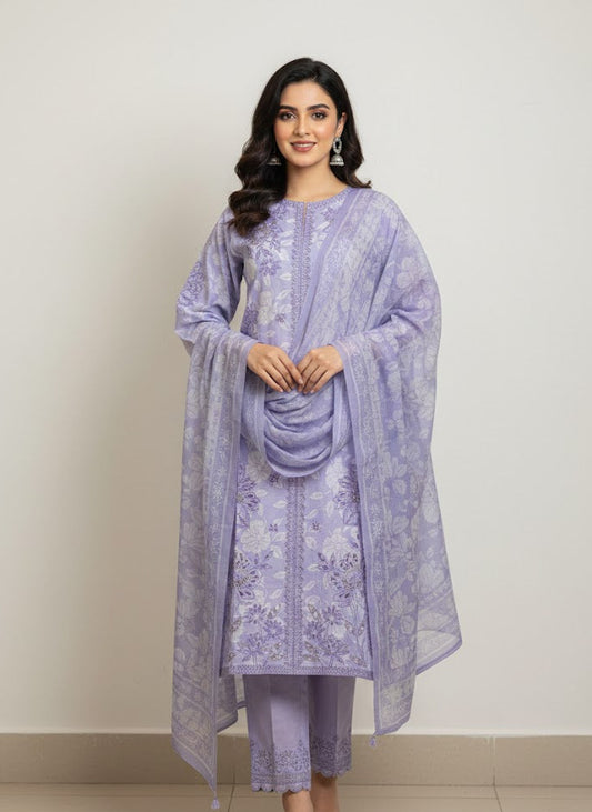 Lilac Bloom – Premium Floral Embroidered Lawn 3-Piece Suite