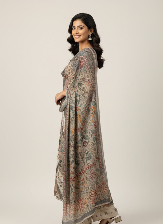 Vintage Mosaic – Earthy Beige Printed & Embroidered 3-Piece Ensemble