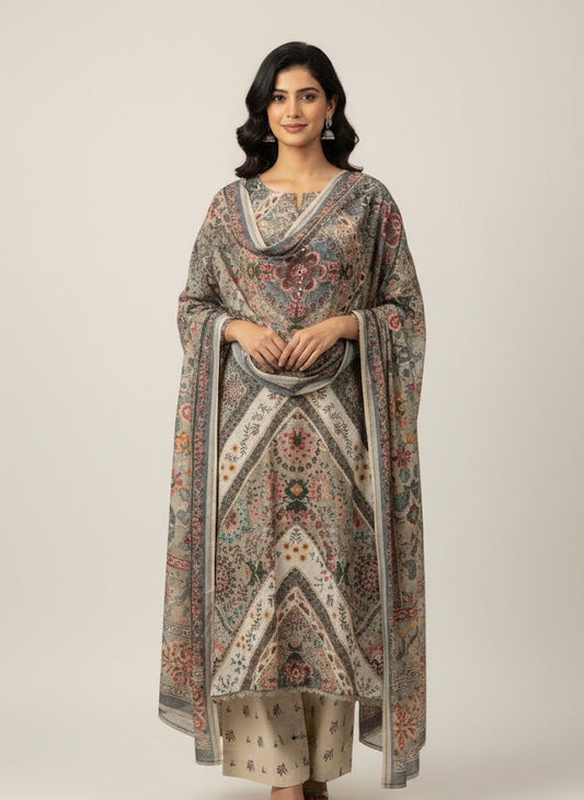 Vintage Mosaic – Earthy Beige Printed & Embroidered 3-Piece Ensemble