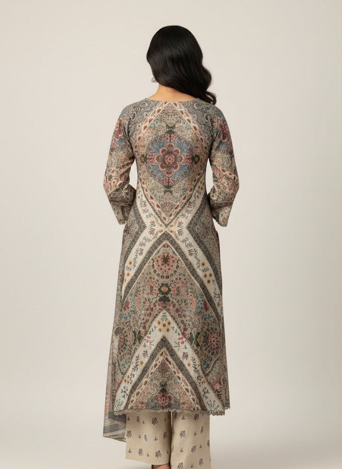 Vintage Mosaic – Earthy Beige Printed & Embroidered 3-Piece Ensemble
