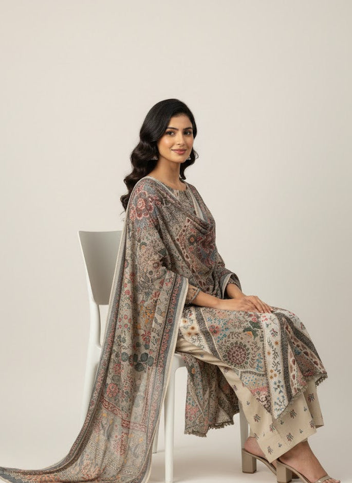 Vintage Mosaic – Earthy Beige Printed & Embroidered 3-Piece Ensemble