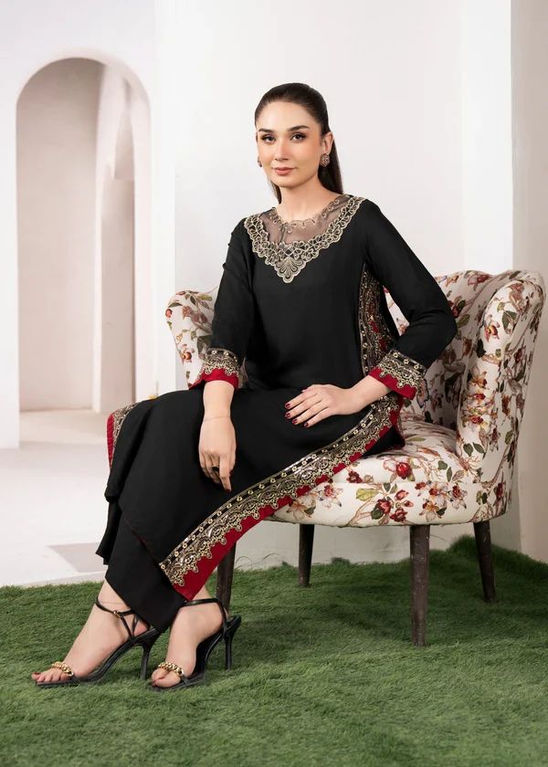 Midnight Grace – Embroidered Black Kurta & Flapper 2 Piece - Top & Buttom