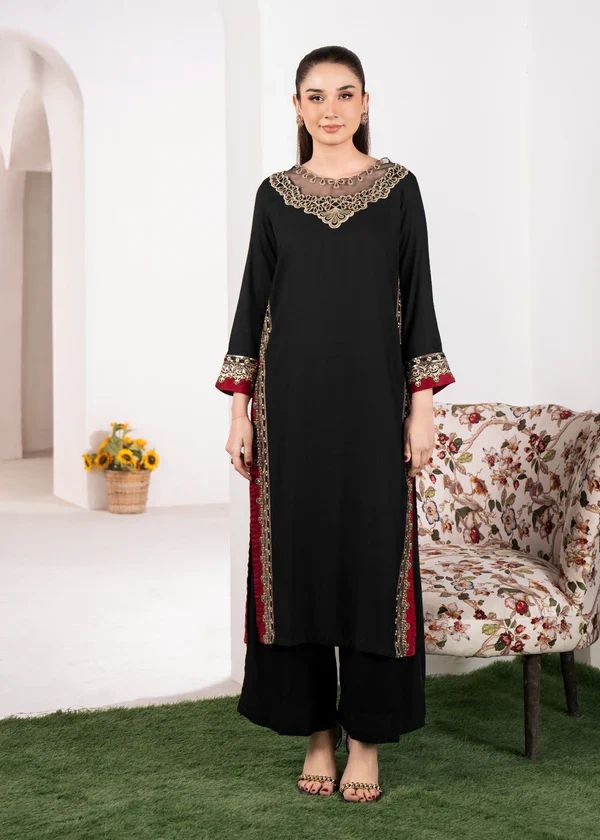 Midnight Grace – Embroidered Black Kurta & Flapper 2 Piece - Top & Buttom