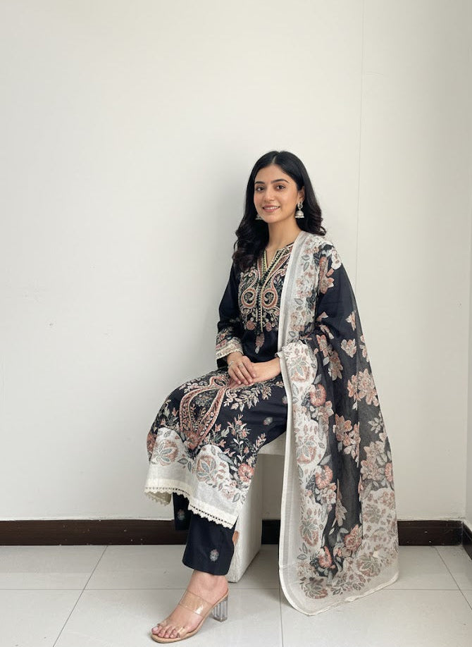 Floral Noir – Premium Embroidered Black Lawn Ensemble with Organza Dupatta